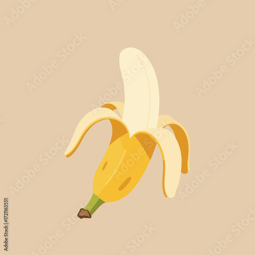 Partially peeled banana, beige background