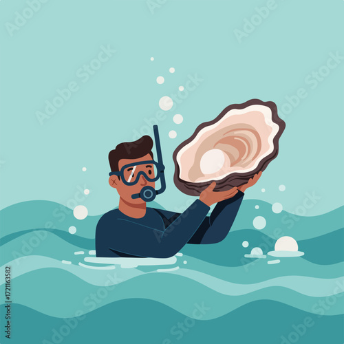 Diver in ocean, holding a large oyster with pearl, bubbles around