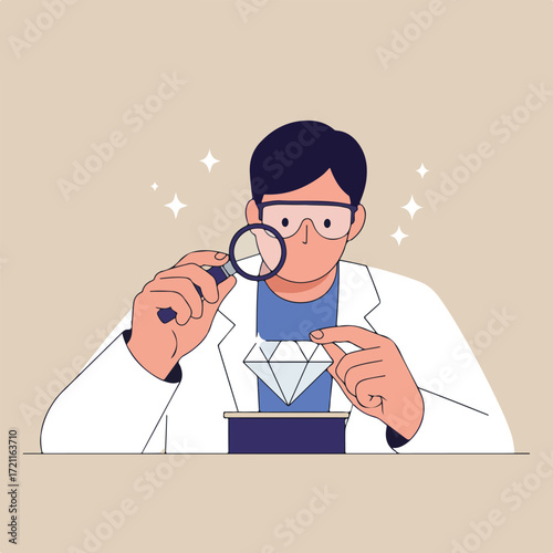 Jeweler examines diamond with magnifying glass, wears lab coat and safety glasses