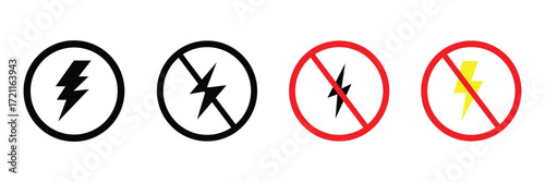 Set of no electricity signs. no lightning symbol, ban. blackout icons, power outage, bright warning .Vector illustration . Eps 10 .