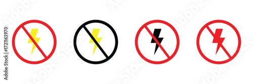 Set of no electricity signs. no lightning symbol, ban. blackout icons, power outage, bright warning .Vector illustration . Eps 10 .