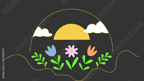 Minimal floral sunrise with colorful spring flowers and leaves in cheerful line art style