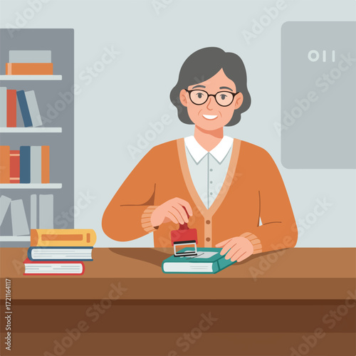 Woman stamping book at library desk with bookcase