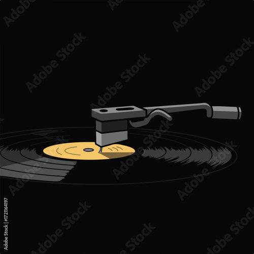 Stylized turntable needle on black vinyl record, gold center, black background