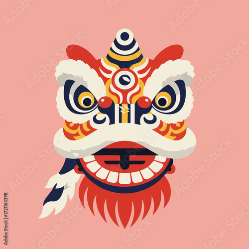 Stylized, colorful lion dance head against a pink background