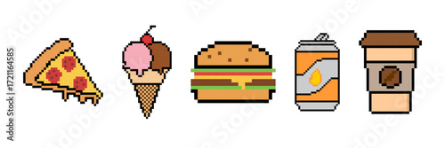 Fast food pixel art or pixelated food icons, including a veg burger, a slice of pizza, a cone of ice cream, an orange juice can, and a disposable coffee cup, vector illustration set.
