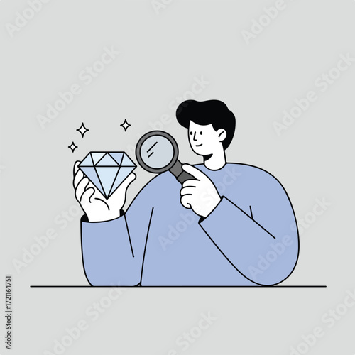 Cartoon man examines large diamond with magnifying glass, sparkles surround