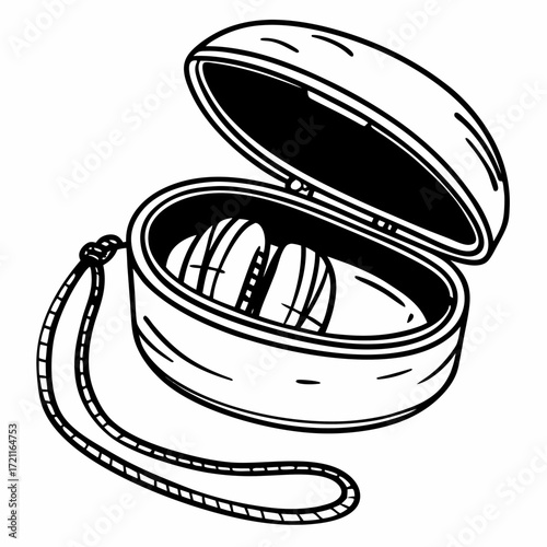 Illustration of an open container with earplugs inside and a strap attached to the side of it neatly drawn