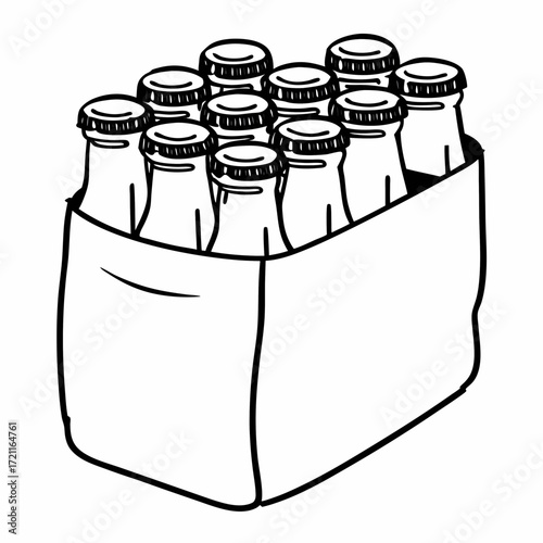 A black and white drawing of a six pack of bottles inside of a cardboard carrier with bottle caps on top
