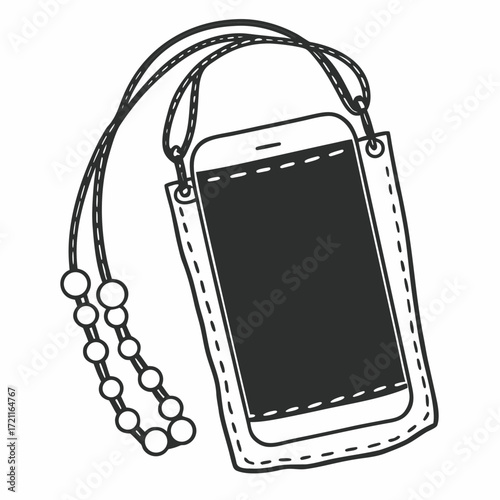 Illustration of a smartphone in a stitched case hanging from a beaded lanyard with a white background