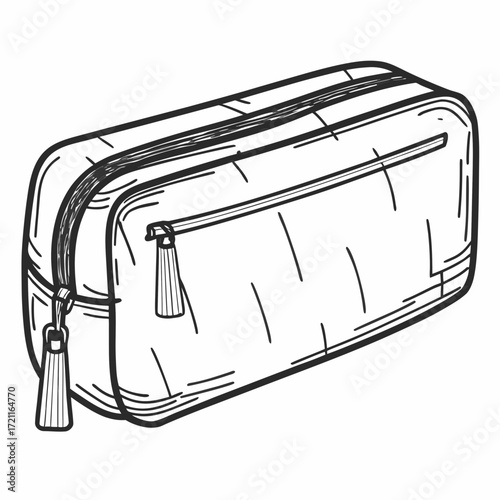 Illustration of a rectangular cosmetic bag with two zippers and tassel pulls in black and white outline