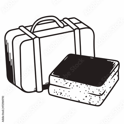 Illustration of a suitcase with handle and straps next to a square box with speckled sides and dark top