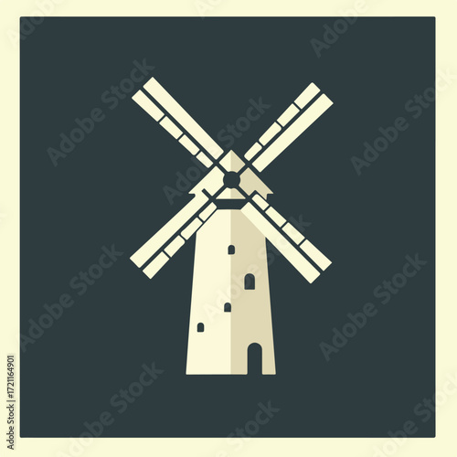 Stylized flat windmill illustration against a dark blue background, framed in cream