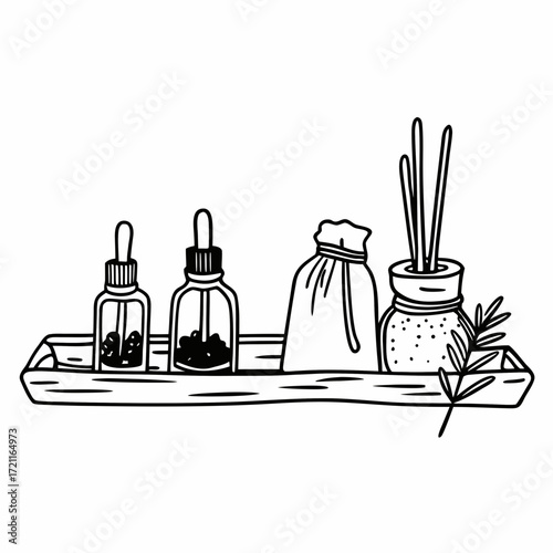 Aesthetic spa setup with dropper bottles, bag, diffuser, and rosemary on a wooden tray illustration