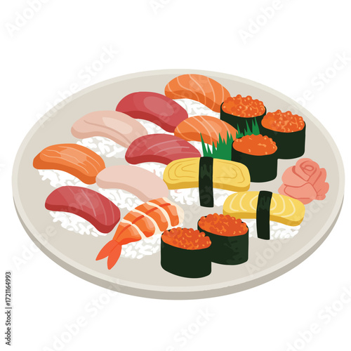Plate of sushi with tuna, salmon, egg, shrimp, and roe