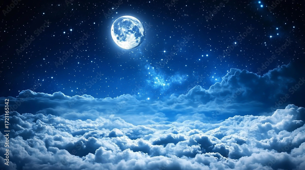 Fototapeta premium A breathtaking view of a full moon shining brightly above a sea of fluffy clouds, with stars twinkling in the dark blue night sky above the clouds