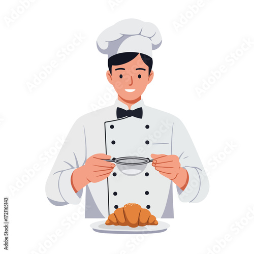 Chef sieves sugar over croissant