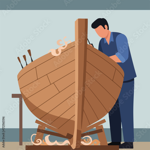 Builder crafting a wooden boat