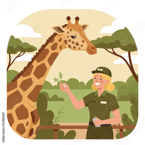 Woman feeding giraffe, green background with trees and light clouds