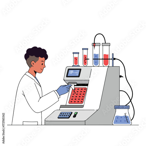 Lab worker with scientific equipment and vials in a laboratory setting