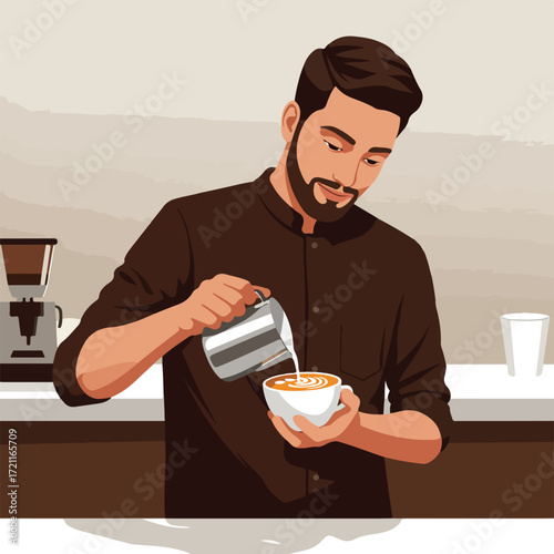 Bearded man pouring milk into coffee, creating latte art in a white cup