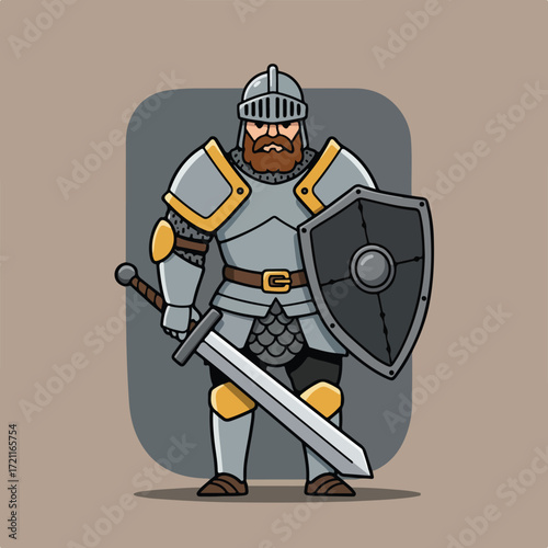 Cartoon knight with sword and shield, wearing full armor and a brown beard