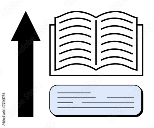 Open book, large vertical arrow, and highlighted text element. Ideal for education, learning, progress, success, leadership, self-improvement and academic achievement in a simple flat metaphor