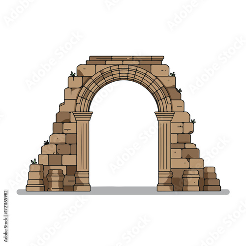 Illustrated old stone arch with grass growing, shadow beneath