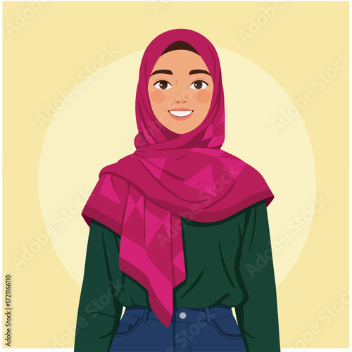 Smiling woman in hijab, wearing dark-green top, denim