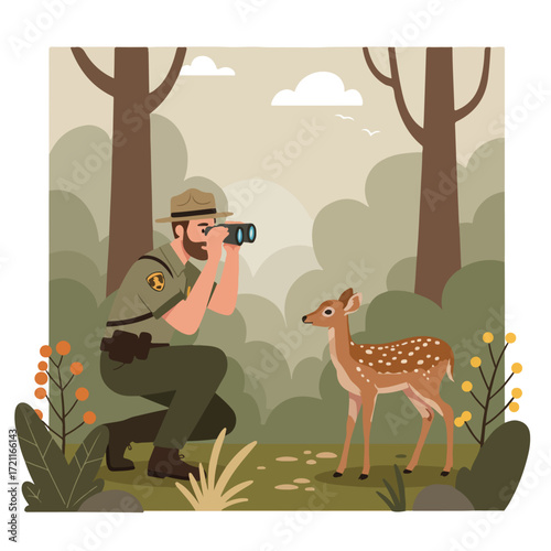 Park ranger watching fawn through binoculars in a forest scene illustration