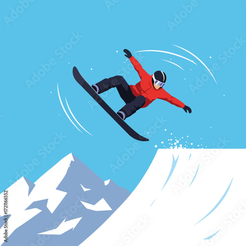 Snowboarder jumps off ramp, snow-capped mountains against a light blue sky
