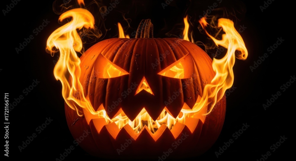 Fototapeta premium Infernal pumpkin visage ablaze with fiery essence for a chilling halloween night