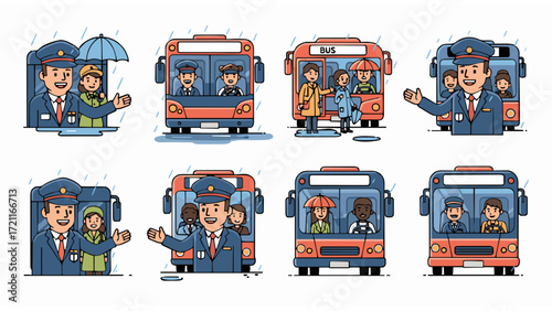 Illustrations of friendly bus drivers assisting passengers on public transportation, depicting daily urban commutes and interactions in various weather, including rain and sunshine
