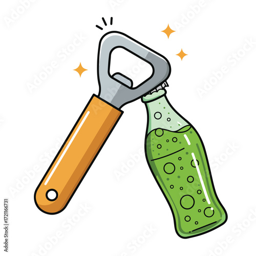 Bottle opener on green soda bottle with sparkles