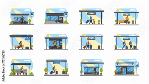 Set of flat design illustrations showcasing people at bus stops, waiting, and traveling with luggage