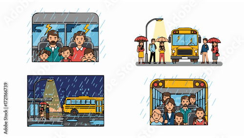 Rainy School Bus Adventures Illustrated Scenes of Students and Families
