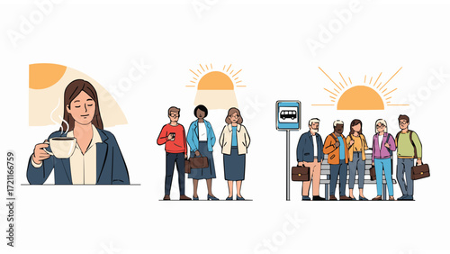 Diverse Crowd Enjoying Daily Activities, Morning Commute, Public Transport, and Sunrise Mood