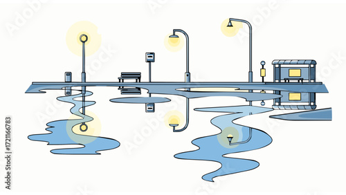 Stylized illustration of an urban night, with bright streetlights and their vivid reflections in scattered puddles on the city street, portraying a modern cityscape