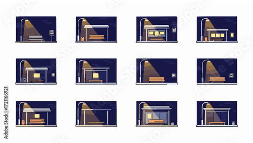 Set of empty bus stops at night with glowing streetlights, urban transit shelter vector illustration collection