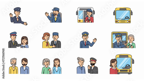 Set of Flat Design Icons representing people and transportation professions, including bus drivers and passengers