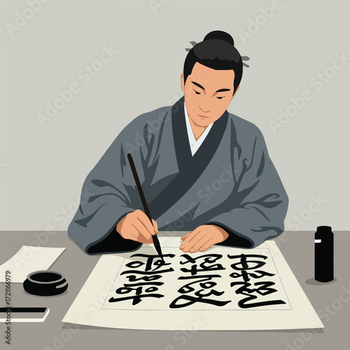 Man in robes writing calligraphy on paper at a desk with ink bottle, dish, & paper