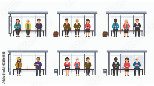 Collection of diverse people using smartphones and tablets while waiting for public transportation at a bus stop
