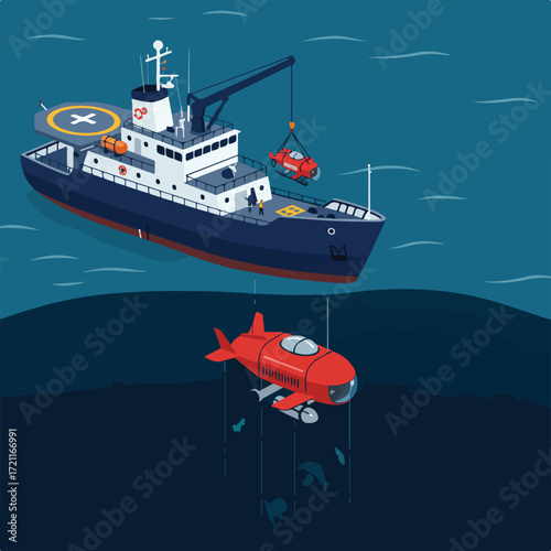 Cartoon of a large ship deploying a red submarine in ocean depths