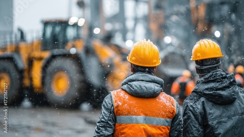 Workers in Safety Gear Overlooking Construction Site in Winter Snow with Heavy Machinery