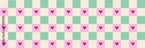 Abstract seamless pastel checkered background with pink hearts. A cute retro pattern in mint green and soft tones, perfect for Valentine day designs, textiles, scrapbooking and digital textures.