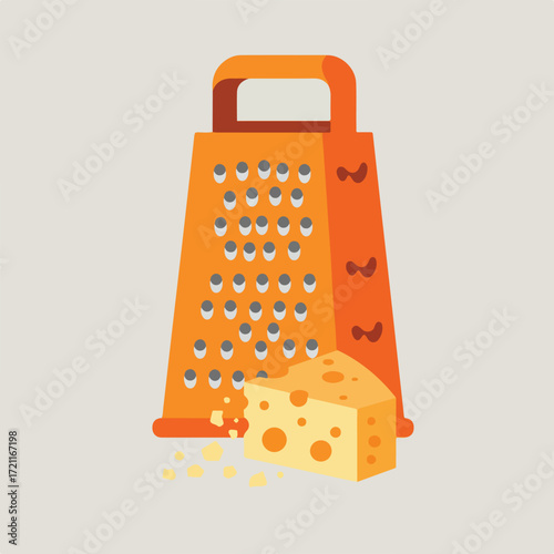 Orange grater beside a chunk of cheese with crumbs underneath