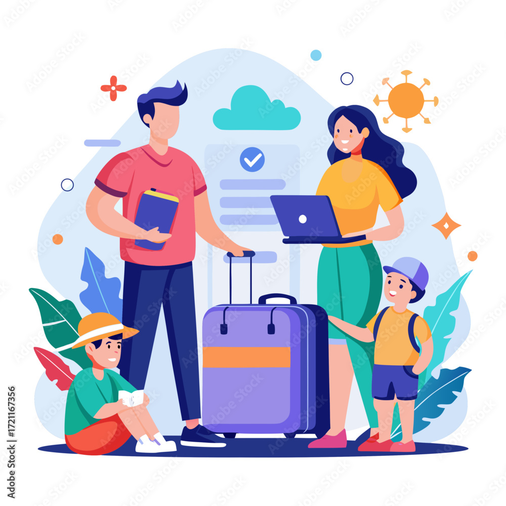 Fototapeta premium Family ready for vacation with luggage and travel documents