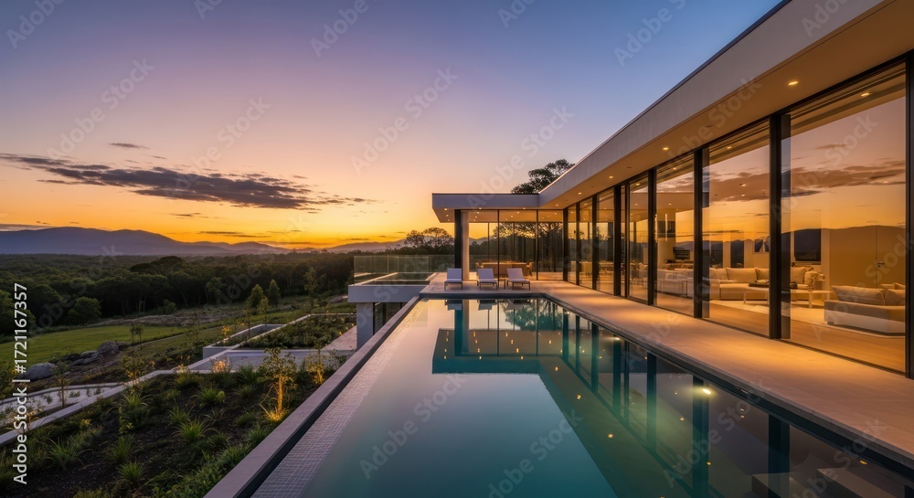 Fototapeta premium Luxury modern home with an infinity pool overlooking a breathtaking sunset landscape