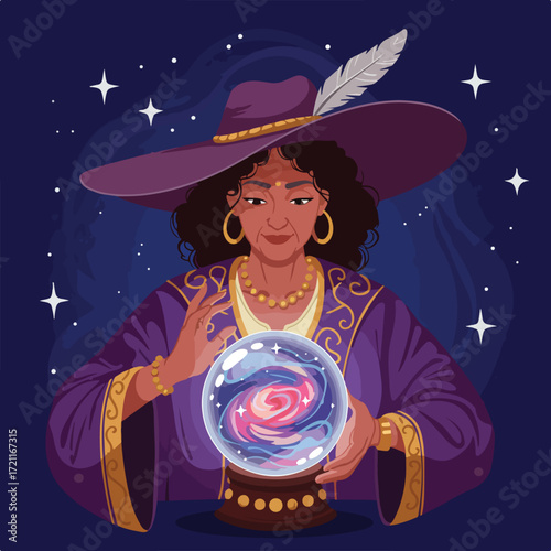 Fortune teller with crystal ball against a starlit night background