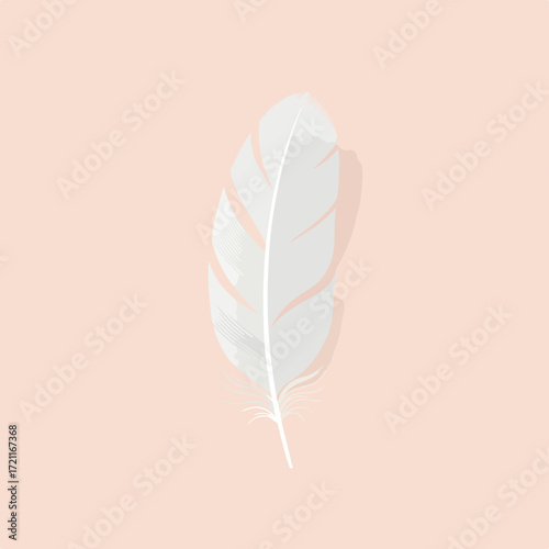 Single white feather on a soft, pink background, casting gentle shadow